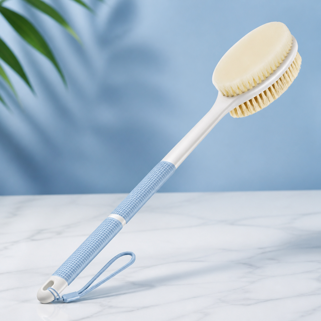 Back Scrubber Anti Slip for Shower, Shower Brush Long Handle with Stiff and Soft Bristles, Body Exfoliator for Bath or Dry Brush(Blue)