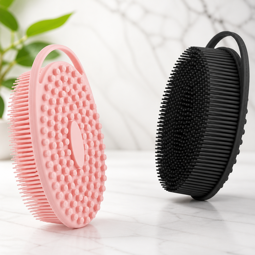 Soft Silicone Body Scrubber 2 PCS Silicone Body Shower, Silicone Loofah 2 in 1 Bath and Shampoo Brush, Body Scrubber Shower Cleaning Exfoliating Use for Sensitive Skin, Lather Well(Black and Pink)