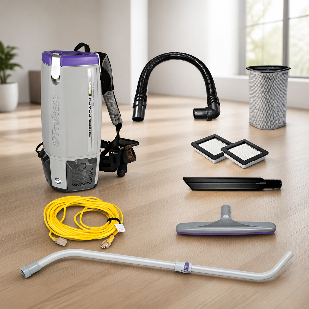 ProTeam Super Coach Pro 10 Backpack Vacuum Commercial with Telescoping Wand Tool Kit, 10 Quart, Corded, 107303